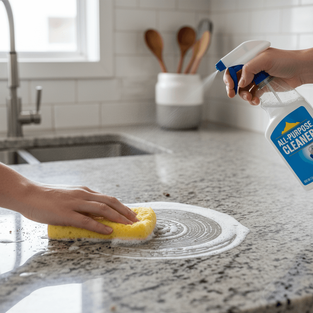 wiping a kitchen counter with all purpose cleaner