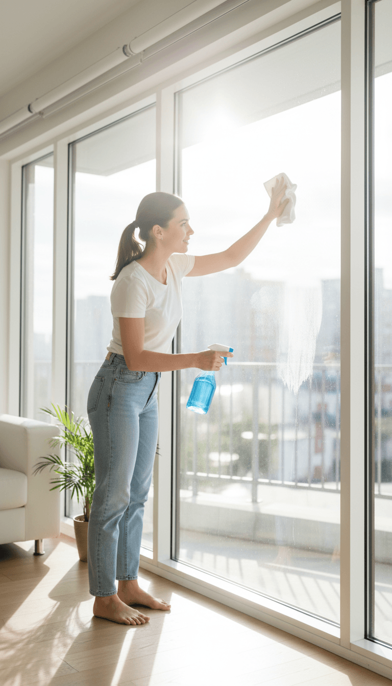 Woman cleaning a window with spray bottle and cloth in bright room
