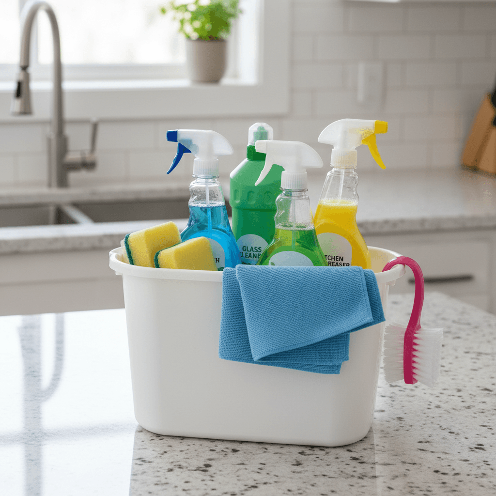 Cleaning bucket with spray bottles and sponges on kitchen counter