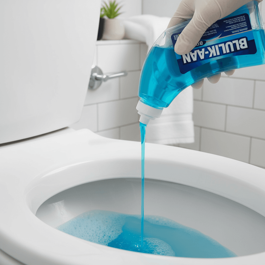 squeezing toilet bowl cleaner into a toilet bowl