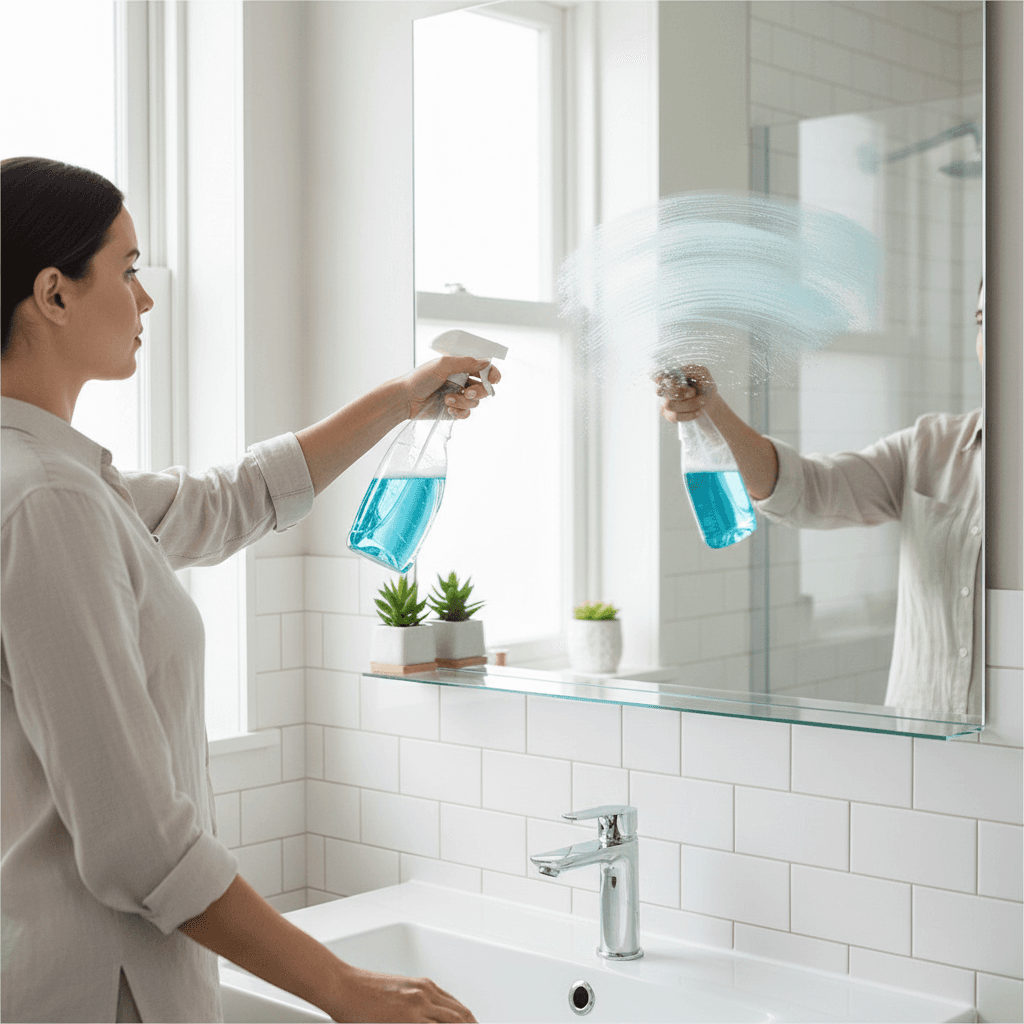 spraying glass cleaner on a mirror in a clean home